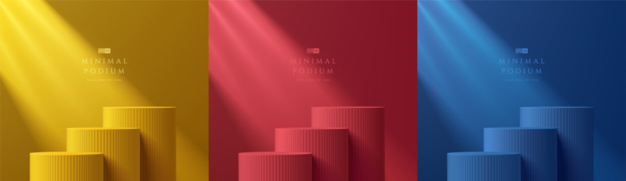 Set of 3D red, blue and yellow podium background. Abstract composition in minimalist design. 3D studio room display showroom product pedestal, Fashion stage showcase mockup scene. Empty space.