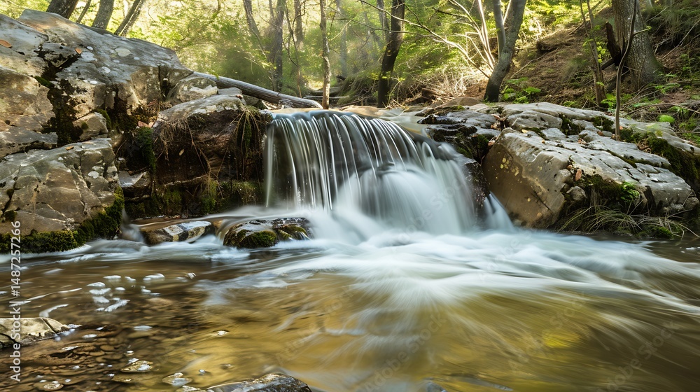 Poster waterfall cascading over moss covered rocks in a lush green forest setting
