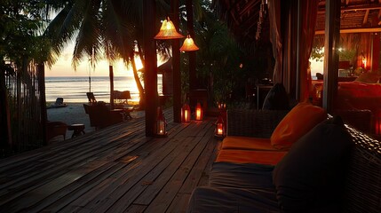 A beautiful tropical beach restaurant at sunset with a serene vibe