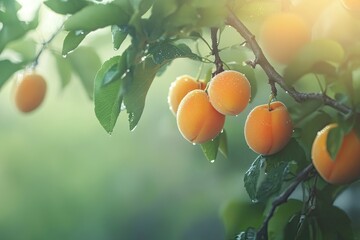 Ripe apricots hanging on the tree in an orchard. Raw photo with copy space, advertising and food design concept. High resolution. generative ai