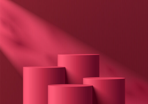 3D background with set of realistic red pink cylinder product podium and natural leaf light scene. Abstract composition in minimal design. Platforms mockup product display presentation. Stage showcase