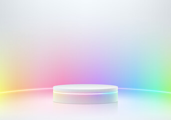 3D white podium with neon rainbow lighting curve lines background. Abstract composition minimalist design. Studio display showroom LGBTQ+ product pedestal, Pride fashion stage showcase mockup scene.