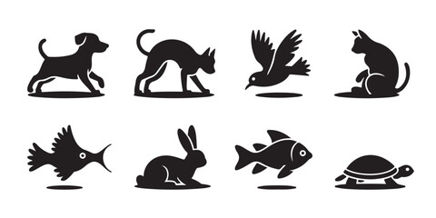 Pet Animals Icon Set Vector Black Silhouettes of Dogs Cats Birds Fish Rabbits and Turtles