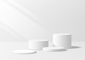 3D white round podium set background with light and shadow. Abstract geometric composition in minimalist design. 3D studio display showroom product pedestal, Fashion stage showcase mockup scene.