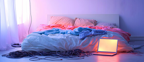 Colorful Bedroom With Messy Bed And Laptop