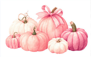 pink pumpkins – cute watercolor illustration - ideal for autumn greeting cards, feminine seasonal decor, or cozy fall-themed designs	
