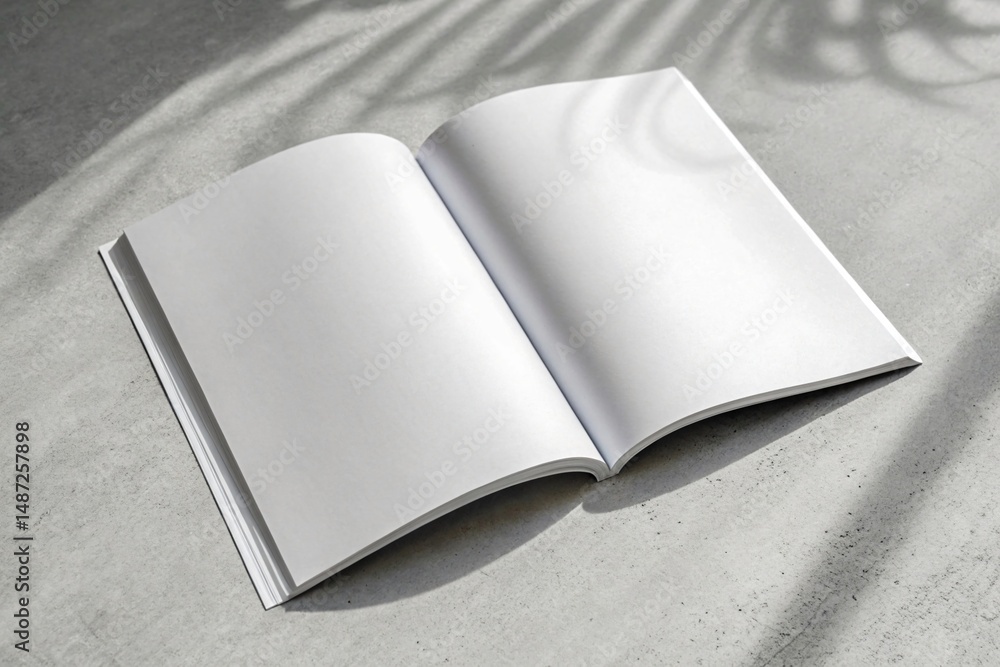 Poster open book with blank pages on a textured surface with shadow