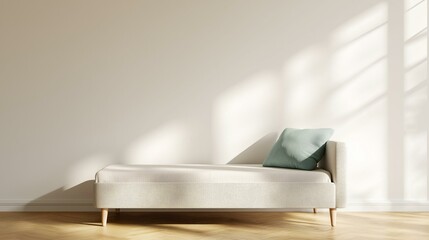 Modern living room with a white sofa in the center. the sofa has a light blue cushion on it and is placed against a plain white wall. the floor is made of light-colored wood planks.