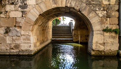 Fototapeta premium Ancient Stone Arch Bridge Over Canal Steps