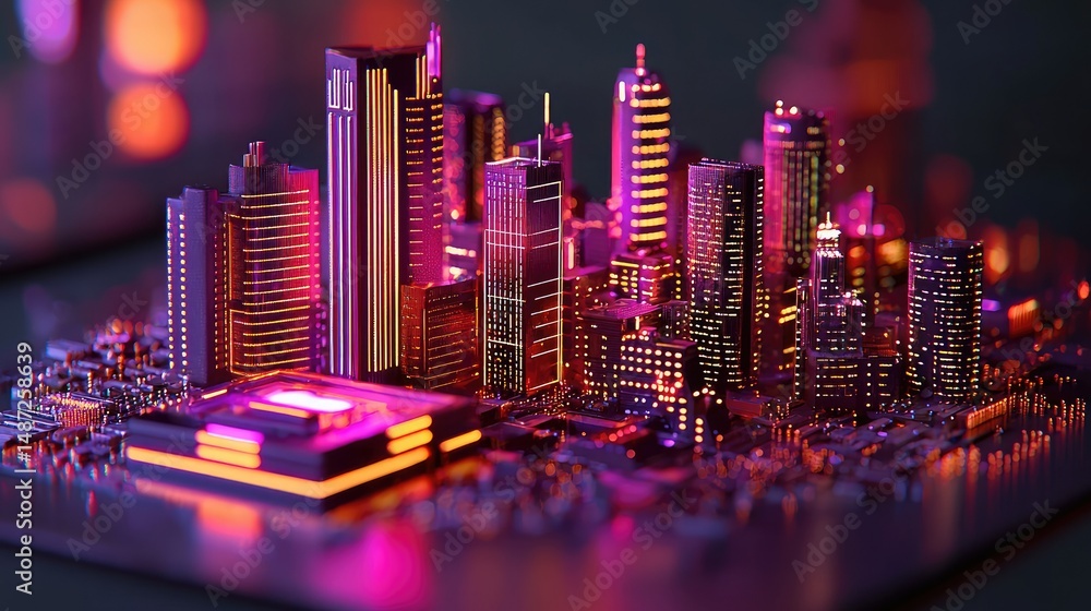 Poster futuristic cityscape rendering representing technological advancement and glowing structures