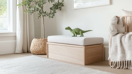 Modern nursery room with a large window on the left side. the window has white curtains and a potted plant on the right side.