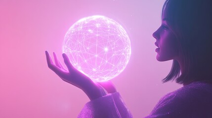 Naklejka premium Woman holding glowing futuristic globe in hands, pink technology innovation