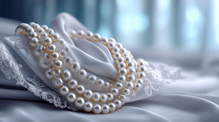 Fototapeta premium Elegant pearls draped on silken fabric
