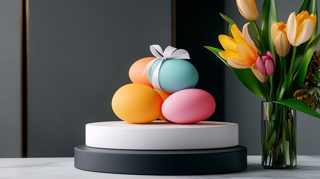there is a vase of tulips and easter eggs on top of a cake