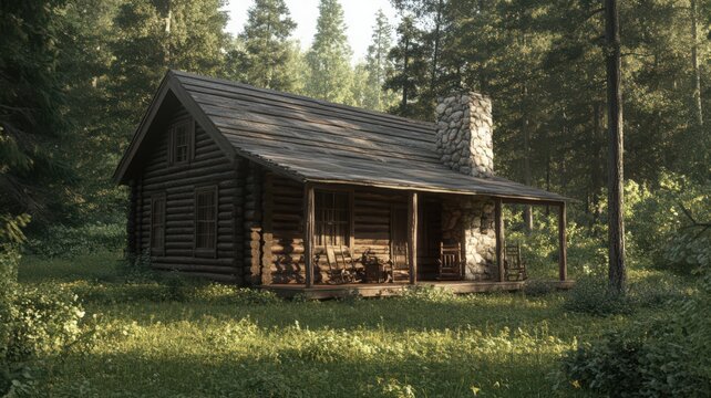 Rustic Log Cabin in a Sunlit Forest
