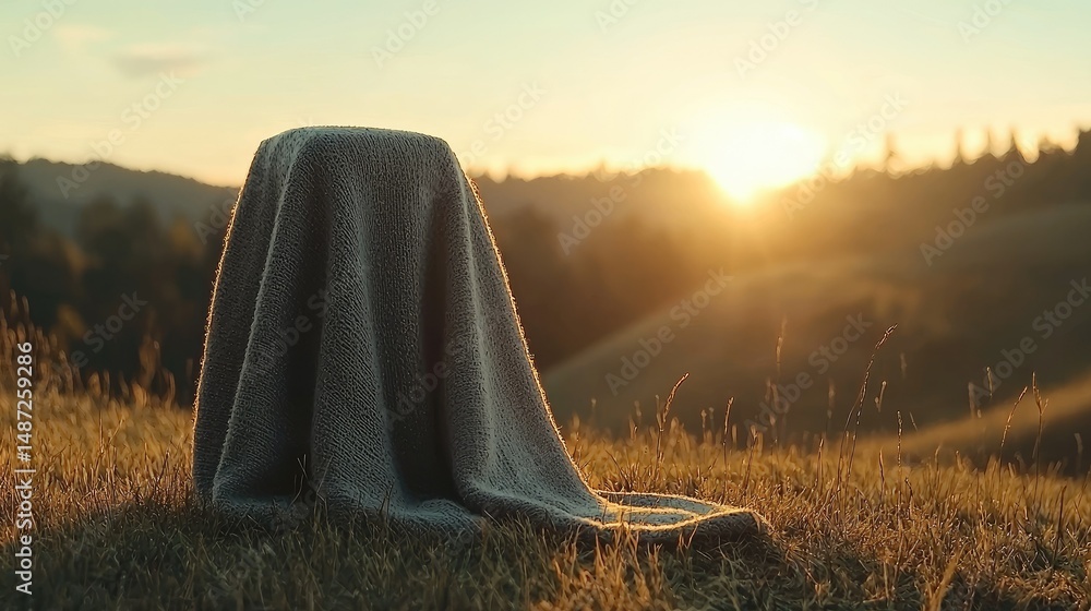 Poster an unknown object is covered by a blanket on a grassy field