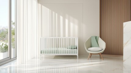Modern and minimalist nursery room with a large window on the left side. the window has white curtains that let in natural light and offers a view of the city.