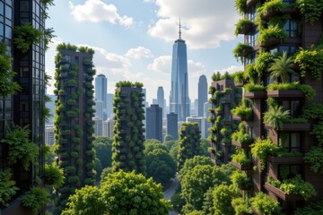 Fototapeta premium a futuristic city skyline with buildings wrapped in vertical gardens and green terraces.
