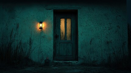 A wooden door illuminated by an outdoor glowing lantern at dusk