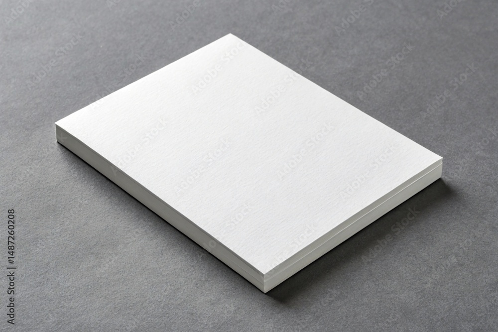 Poster stack of white paper sheets on a gray surface with a subtle texture