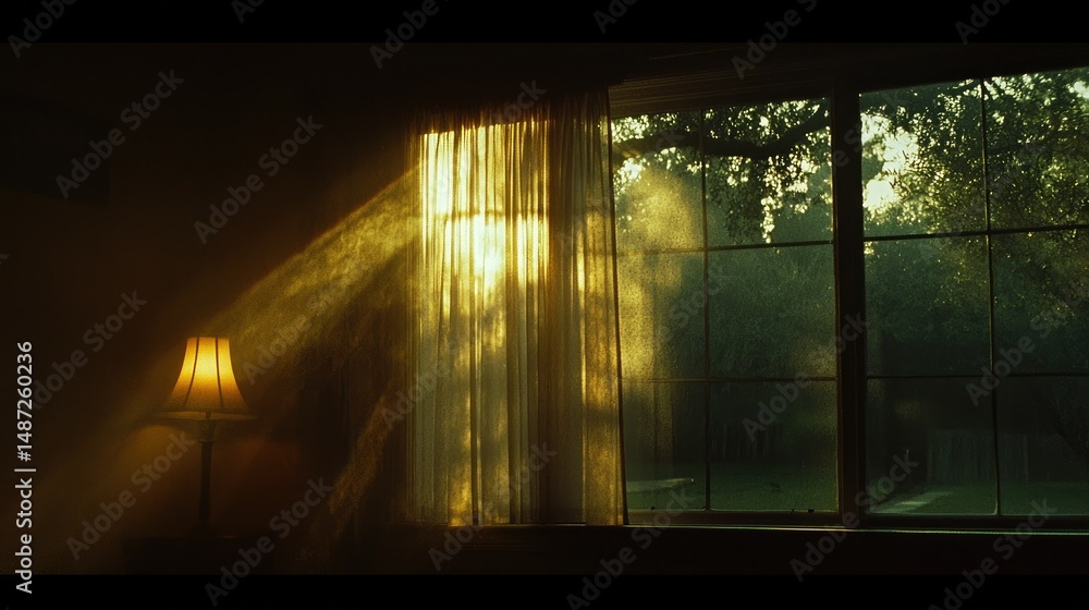 Poster sunlight streaming through a window and over a lamp in the room
