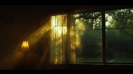 Obraz premium Sunlight streaming through a window and over a lamp in the room