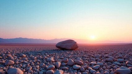Vast Rocky Desert at Sunset with Mountain Silhouettes and Clear Skies – Tranquil Landscape Photography