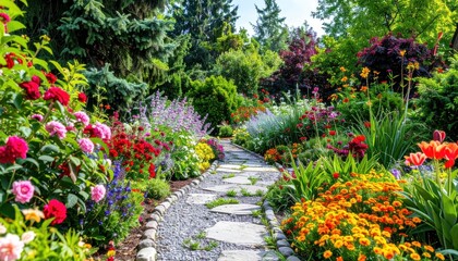 Idyllic garden path winding through vibrant flowerbeds and lush greenery