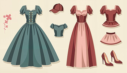 Elegant dress outfit layout with accessories in vintage style  