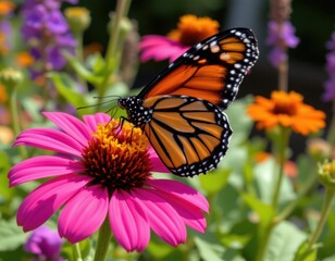 Naklejka premium a close up of a monarch butterfly resting on a brightly colored flower in a pollinator garden.