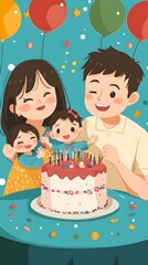 Family celebrating birthday with cake and anime-style decorations