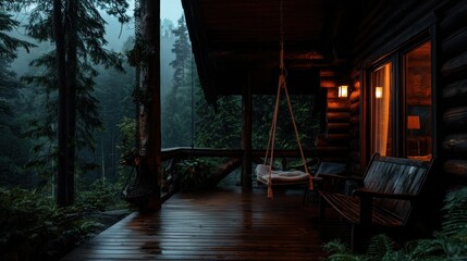 A cozy cabin porch in a forest during a rainy day
