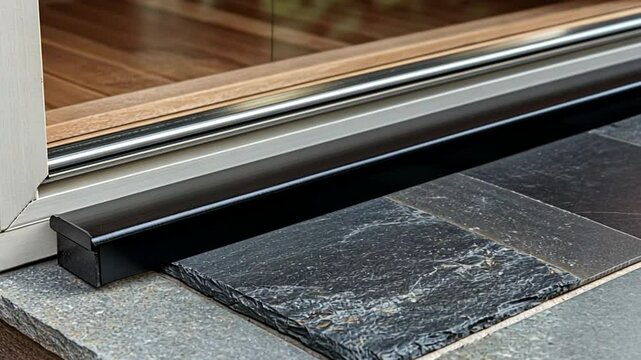 Close-up of a modern sliding door threshold and stone flooring.