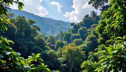 Obraz premium a vibrant rainforest canopy alive with colorful birds and the sound of rustling leaves.