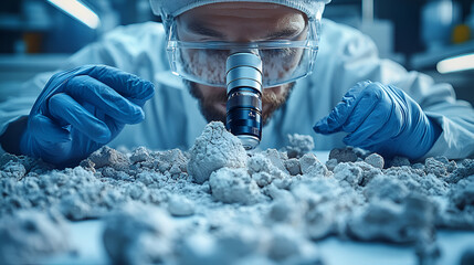 Scientist in lab analyzing mineral or rock samples under microscope wearing protective gear and gloves showcasing scientific research geology and laboratory exploration in action