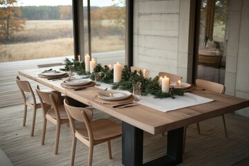 Fototapeta premium Holiday Christmas Eve table adorned with candles and green branches