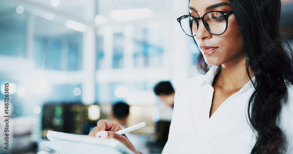 Poster Woman, developer and reading on stylus in office for IT, coding software and server update. Female person, tablet and testing app of online programming, website application and troubleshooting system
