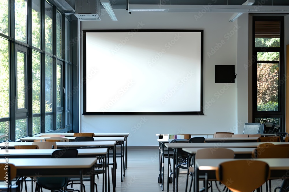Poster empty classroom with a blank presentation screen.