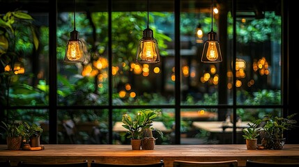Fototapeta premium Interior design showcases hanging lamps and greenery with warm lighting