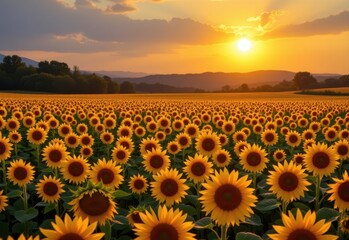 Fototapeta premium a vibrant sunflower field stretching as far as the eye can see, turning their faces toward the golden sun.