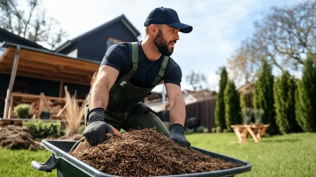 A smiling man in work clothes is gardening, spreading mulch from a wheelbarrow in a sunny backyard.