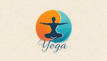 Harmonious Yoga Studio Logo: Stylized Figure in Balanced Pose within a Split Orange and Blue Circle with Elegant Calligraphic 'Yoga' Text for Wellness and Mindfulness Branding.

