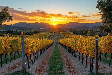 Naklejka premium Sunset over a vineyard.