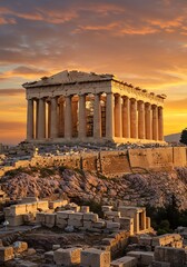 Obraz premium Golden Parthenon: Majestic Greek Temple at Sunset