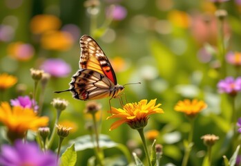 Obraz premium a close up of a butterfly landing on a brightly colored wildflower in a meadow bathed in sunlight.