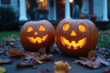 Obraz premium carved pumpkins on the ground.