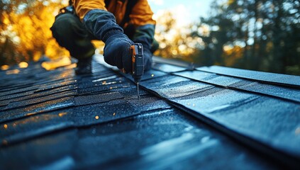 Close-up view of a roofer working on a dark asphalt shingle roof.