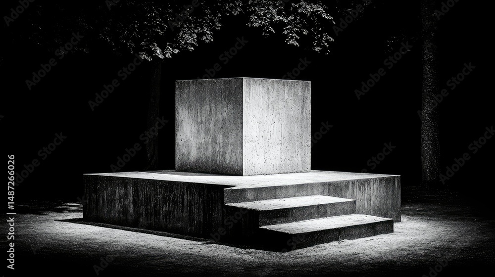 Poster a concrete cube resting on a platform in a darkened forest