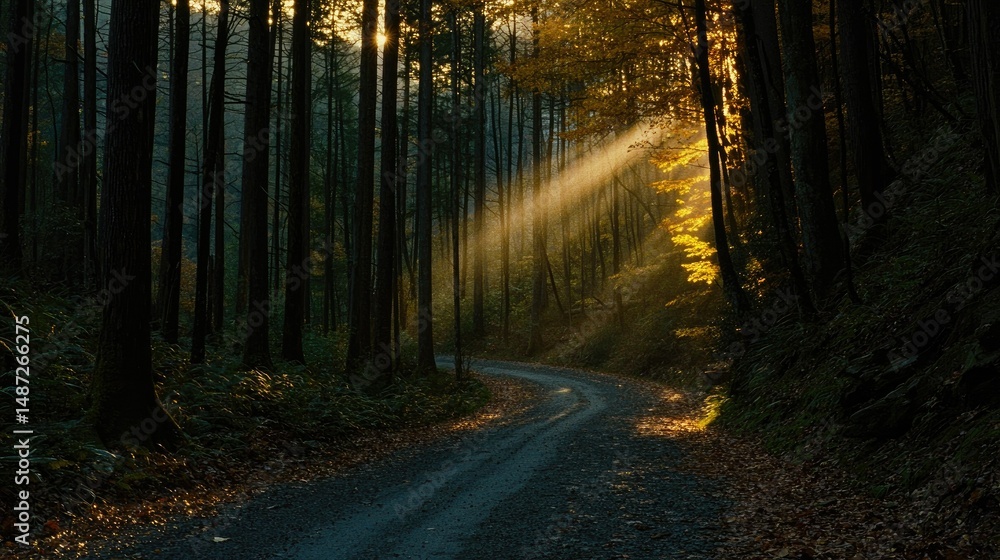 Poster sunlight streams through the trees illuminating a forest roadway