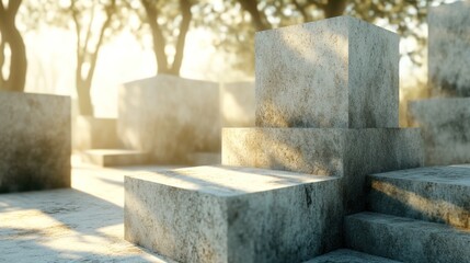 Stone Cubes in a Sunlit Grove: A Minimalist Landscape